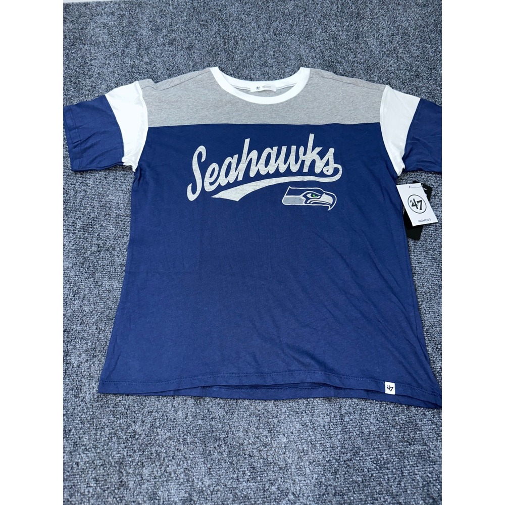 47 Brand Seattle Seahawks Womens Medium T-Shirt Navy Blue Grey Colorblock NFL